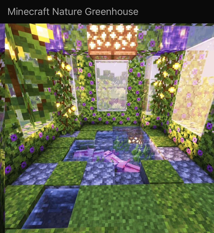 the interior of a minecraft house with flowers and plants on the walls, windows, and floor