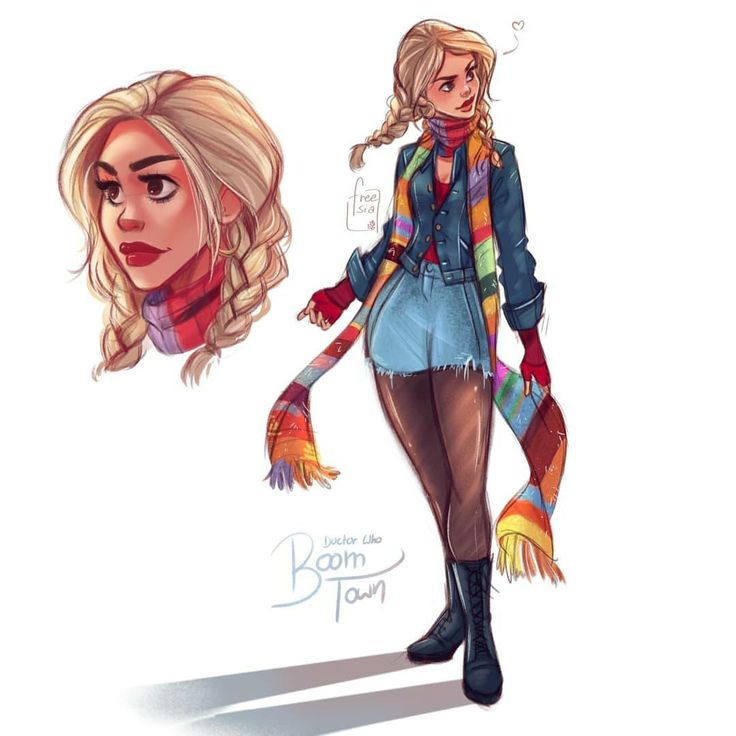 a drawing of a woman with long blonde hair and scarfs on her head, wearing boots