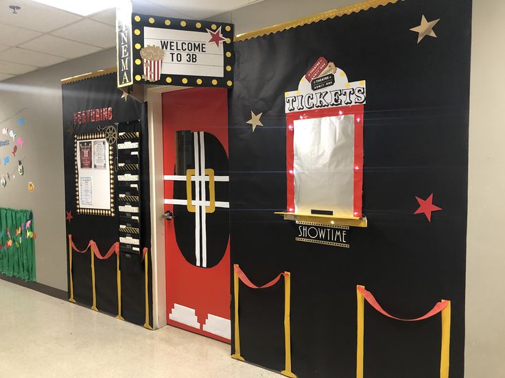 an office decorated for christmas and new year's eve with decorations on the doors