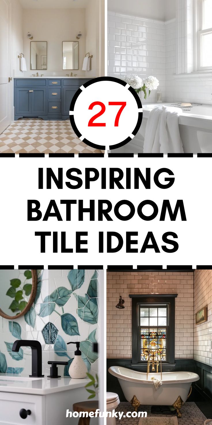 Looking for amazing bathroom tile ideas? Discover 27 stunning designs that will ignite your creativity! From contemporary patterns to vibrant colors and unique textures, these tile ideas are a wardrobe update for your bath. Whether you're planning a modern renovation or simply freshening up your space, you're sure to find something that fits your style. Explore how to use diverse tiles to transform your wellness oasis. Affordable options and extravagant styles await to help you create the dream bathroom you've always envisioned. Tile Makeover, Blue Shower Tile, Vintage Style Bathroom, Trendy Bathroom Tiles, Luxe Bathroom, Pebble Floor, White Tub, Sleek Bathroom, Bathroom Tile Ideas