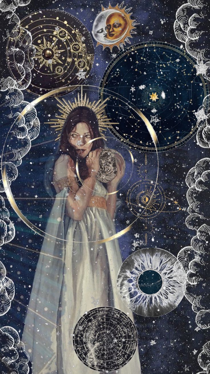 an image of a woman surrounded by stars and planets in the night sky with her hands on her chest