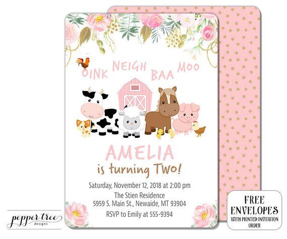 a pink and white farm animals birthday party card with the words, one night baa mo