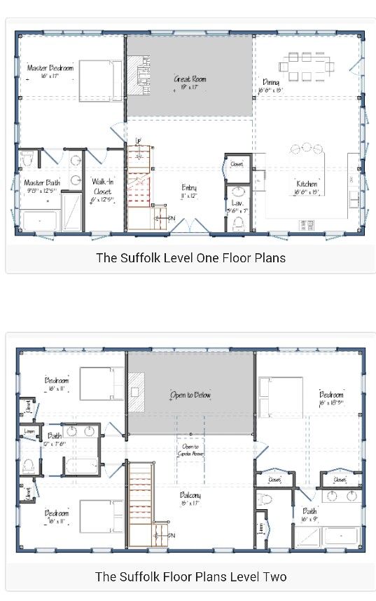 two floor plans for a small house with lofts and an open floor plan in the middle