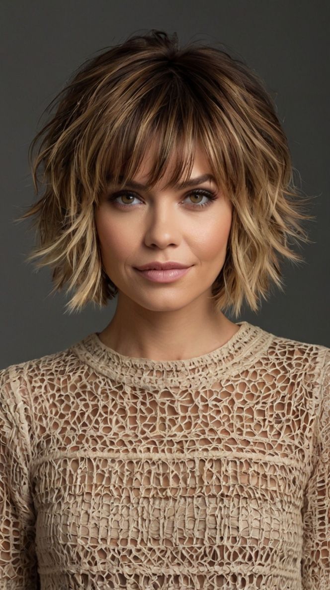 Flaunt Your Look with Tousled Lob (Long Bob) Short Layered Haircuts 🌼 Haircut With Bangs And Layers Short, Micro Bob Haircuts, Rachel Haircut 2024, Ombre Hair Color With Bangs, Layered Shaggy Bob, Tousled Lob, Short Layered Haircuts For Women, Shaggy Layered Bobs, Woman Haircut