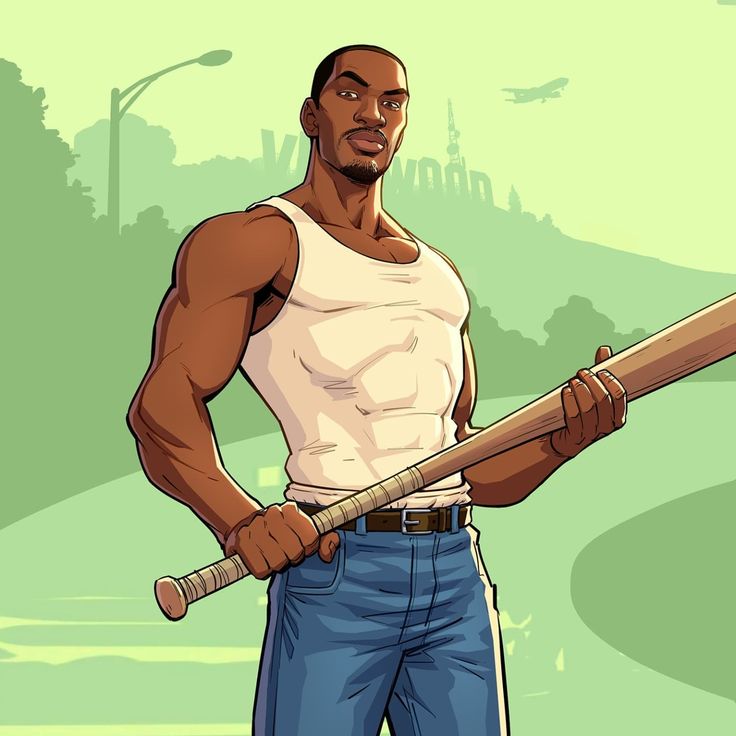 a cartoon man holding a baseball bat in his right hand and looking at the camera