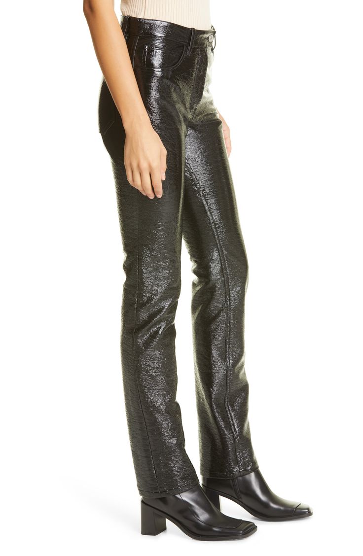 The revival of the heritage brand under Nicolas Di Felice features a futuristic space-age vibe, evident in these glossy trousers featuring a grainy texture. A precise, minimalist reinterpretation of founder André Courrèges' creation, this sleek style is destined to make a statement. 29 1/2" inseam; 14" leg opening; 11 1/4" front rise; 14" back rise (size 36EU) Zip fly with button closure Five-pocket style 88% cotton, 10% polyurethane, 2% elastane Spot clean Imported
 Women's Designer Clothing Andre Courreges, Futuristic Space, Grainy Texture, Cotton Trousers, Sleek Style, Sleek Fashion, Heritage Brands, Space Age, Designer Outfits Woman