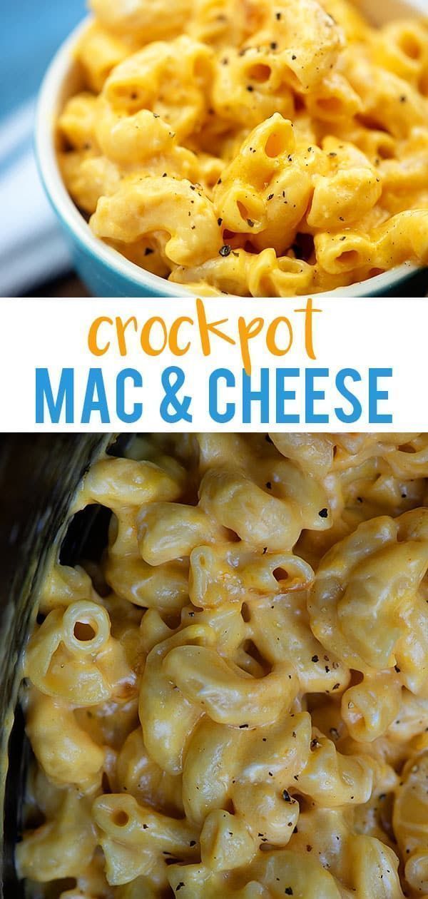 crock pot macaroni and cheese is shown in two different bowls with the words crock pot macaroni and cheese above it