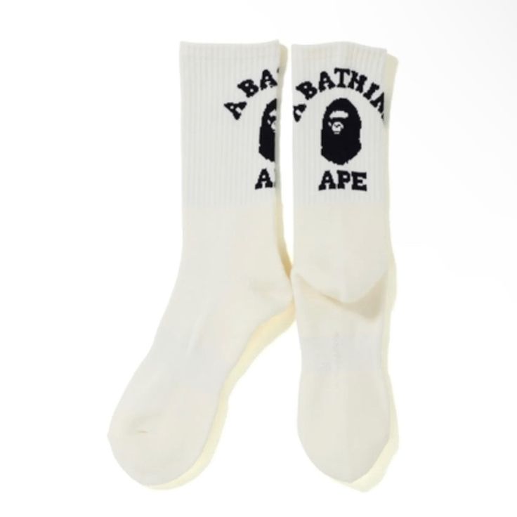 Bape College Socks Color : White / Black Brand New, In Plastic With Tags! No Trades!! All Lowballs Will Be Blocked Checkout My Page For More Great Deals White Sporty Socks For Winter, White Sporty Winter Socks, Breathable Streetwear Socks, Comfortable Breathable Streetwear Socks, Comfortable Breathable Socks For Streetwear, Sporty Winter Socks For Streetwear, Cotton Socks With Letter Print For Streetwear, White Sports Socks For Winter, Trendy White Socks For Streetwear