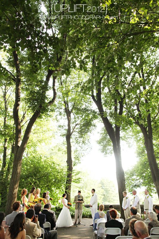 a wedding ceremony in the woods with people sitting on chairs and standing under trees looking at each other