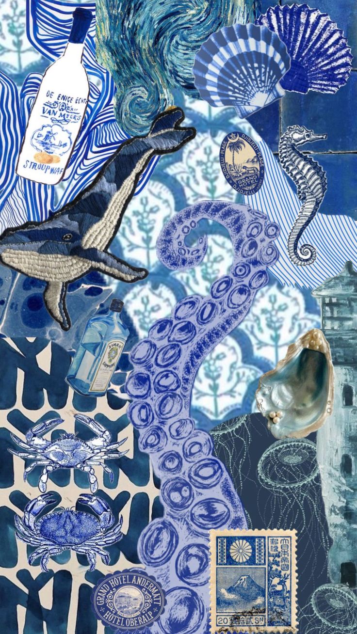 a collage of blue and white artwork with sea animals, seashells, and shells