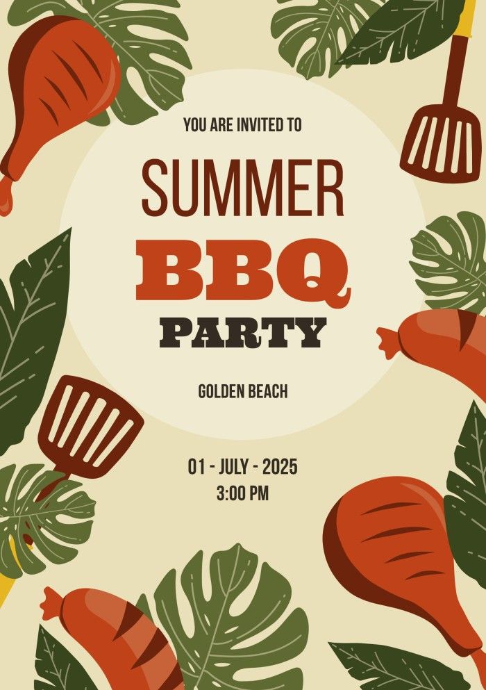 a bbq party flyer with vegetables and spatulas on it, in the middle of