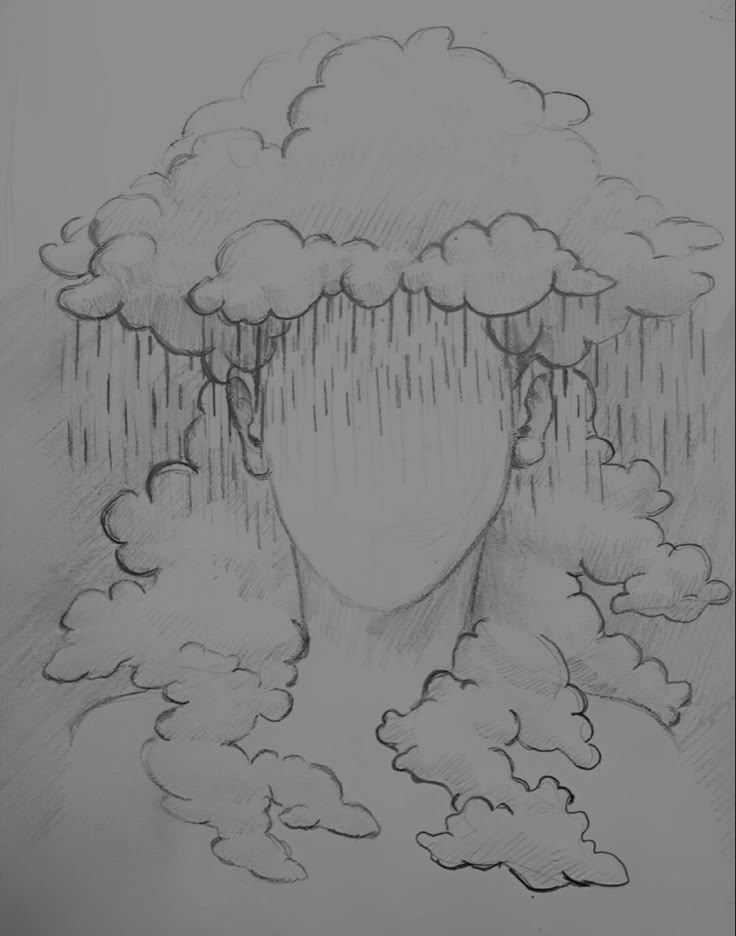 a drawing of a person with an umbrella over their head and rain coming out of the clouds