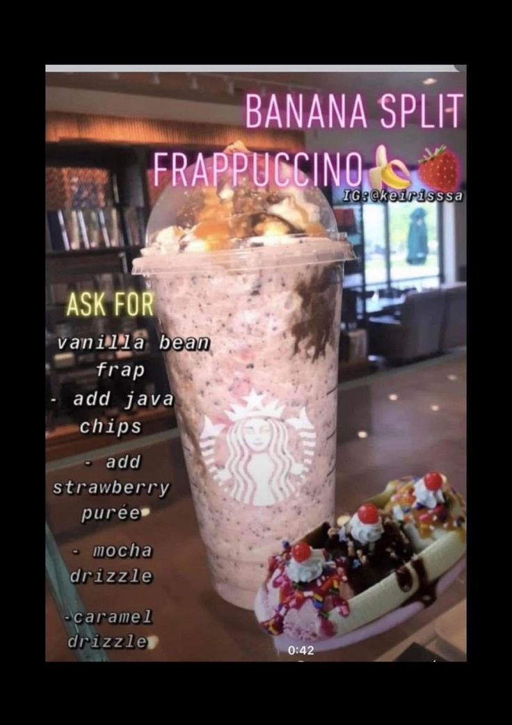 banana split frappuccino drink with whipped cream and toppings