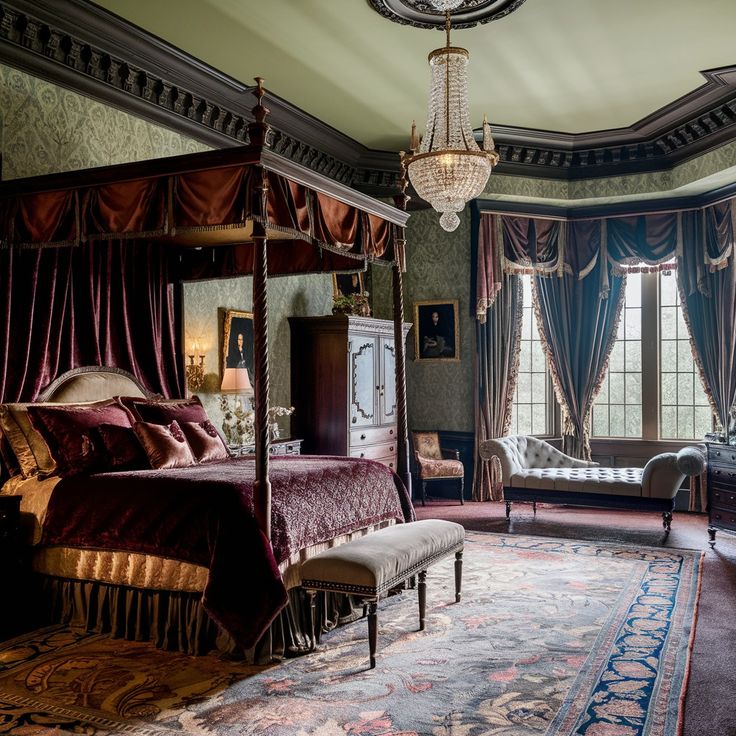 an ornate bedroom with four poster bed, chandelier and large rug on the floor