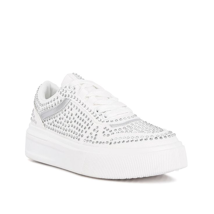 London Rag-Eloise Platform Sneaker Touch up an every day look with the Eloise sneaker from London Rag. This platformed pair sports rhinestone detailing and extra dash of sparkle, catching the eye with each step. Streetwear Lace-up Sneakers With Rhinestone Rivets, Low-top Sneakers With Rhinestone Rivets For Streetwear, Casual Lace-up Platform Sneakers With Rhinestones, White Synthetic Sneakers With Bling, Silver Lace-up Platform Sneakers Synthetic, Casual Low-top Platform Sneakers With Rhinestones, Silver Low-top Platform Sneakers, Silver Lace-up Platform Sneakers, White Low-top Sneakers With Rhinestone Rivets