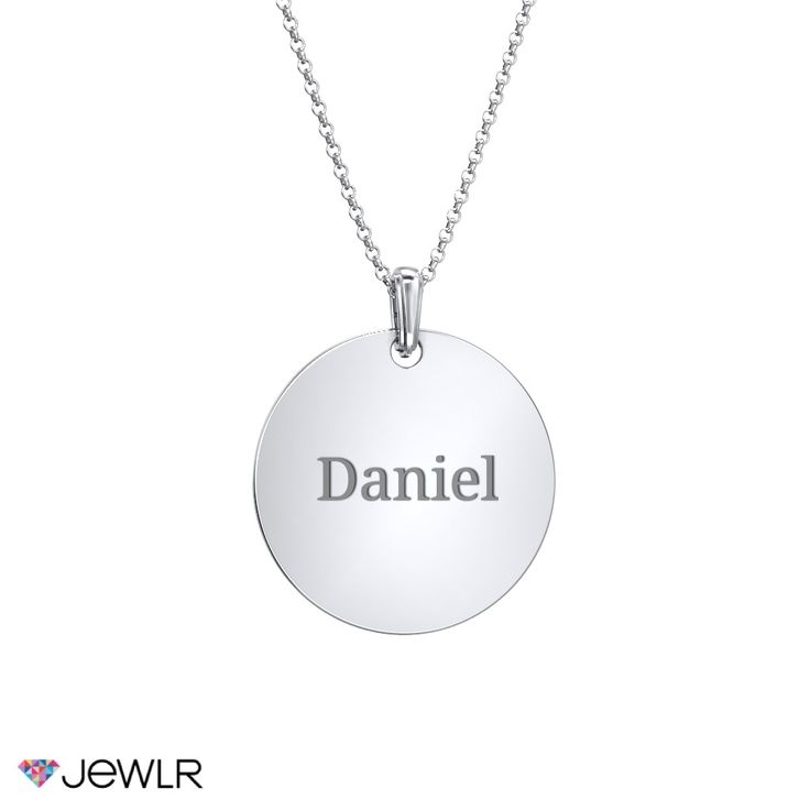 This disk necklace is a classic piece to customize for yourself, or the perfect gift for a friend or loved one. Personalize by engraving a name, significant date, or meaningful message. Create yours in sterling silver, white, or yellow gold with a choice of chain. Personalized Stainless Steel White Gold Necklace, Engraved White Gold Custom Nameplate Necklace, Personalized Silver Round Disc Charm Necklace, White Engraved Nameplate Jewelry, White Gold Nameplate Necklace With Polished Finish, White Gold Polished Nameplate Necklace, Personalized White Gold Stainless Steel Jewelry, Classic Customizable Initial Pendant Jewelry, Classic Anniversary Necklaces With Engraving Option