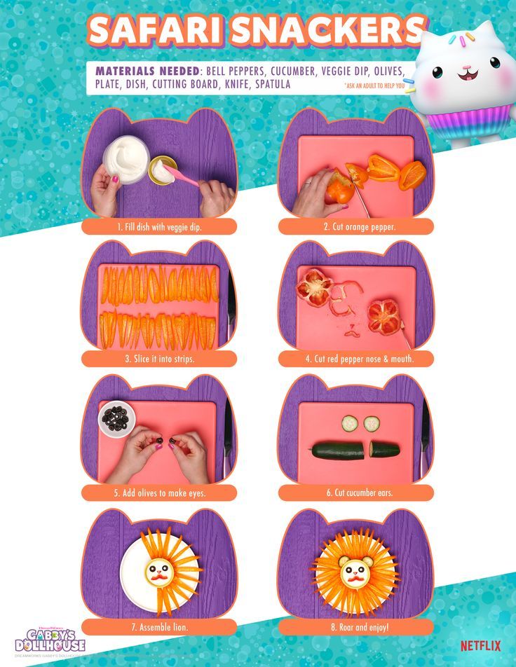 the instructions for making safari snackers are shown in purple, orange and pink colors