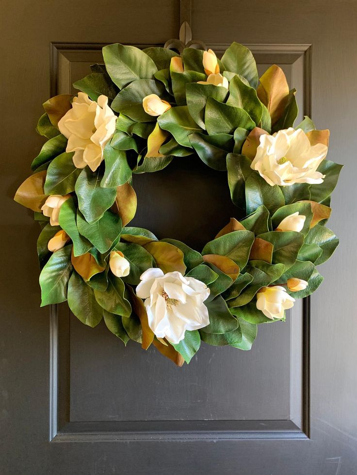 Realistic Magnolia Flower Wreath Gardina Flowers, Magnolia Flower Wreath, Magnolia Wreaths, Wreath Hangers, The Pilgrim's Progress, Magnolia Tree, Magnolia Table, Magnolia Flowers, Magnolia Wreath