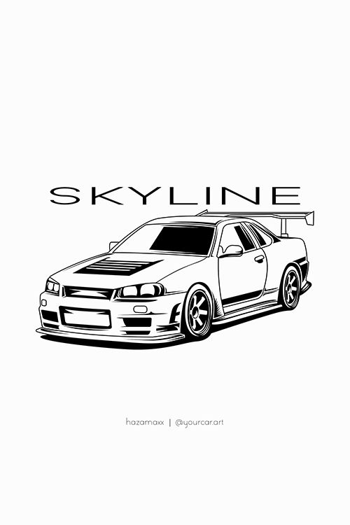 a black and white drawing of a car with the word skyline on it's side