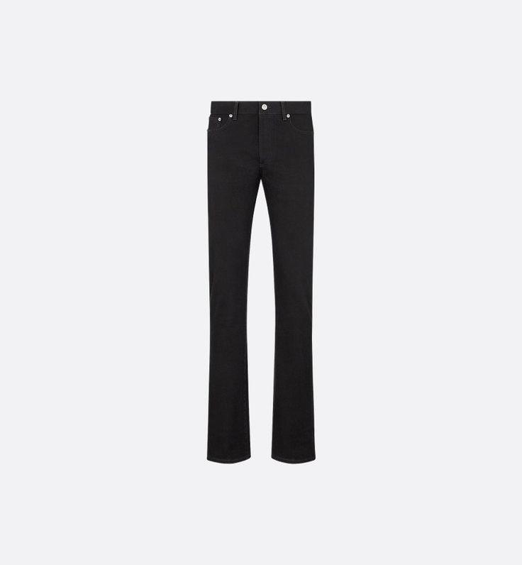 Long Slim-Fit Jeans Black Cotton Denim | DIOR Modern Black Jeans With Straight Hem, Modern Black Straight Fit Jeans, Designer Black Straight Leg Jeans, Modern Black Straight Jeans, Classic Black Jeans With Straight Hem, Classic Black Rigid Denim Jeans, Classic Straight Leg Jeans With Contrast Stitching, Classic Black Jeans With Five Pockets, Classic Jeans With Contrast Stitching