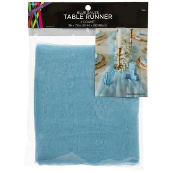 table runner in blue with white trim