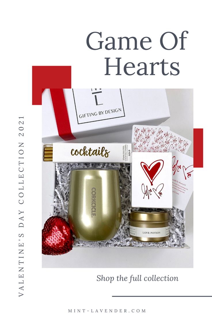 the game of hearts gift set includes a gold wine glass, a red heart, and a valentine's day card