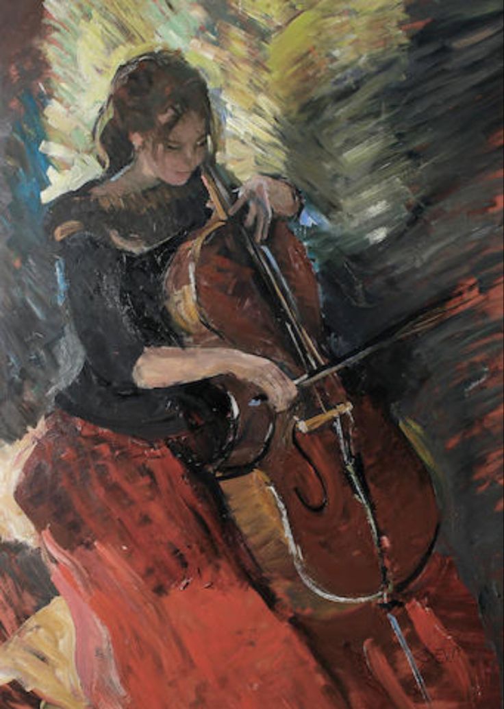 a painting of a woman holding a cello in her right hand and wearing a red dress