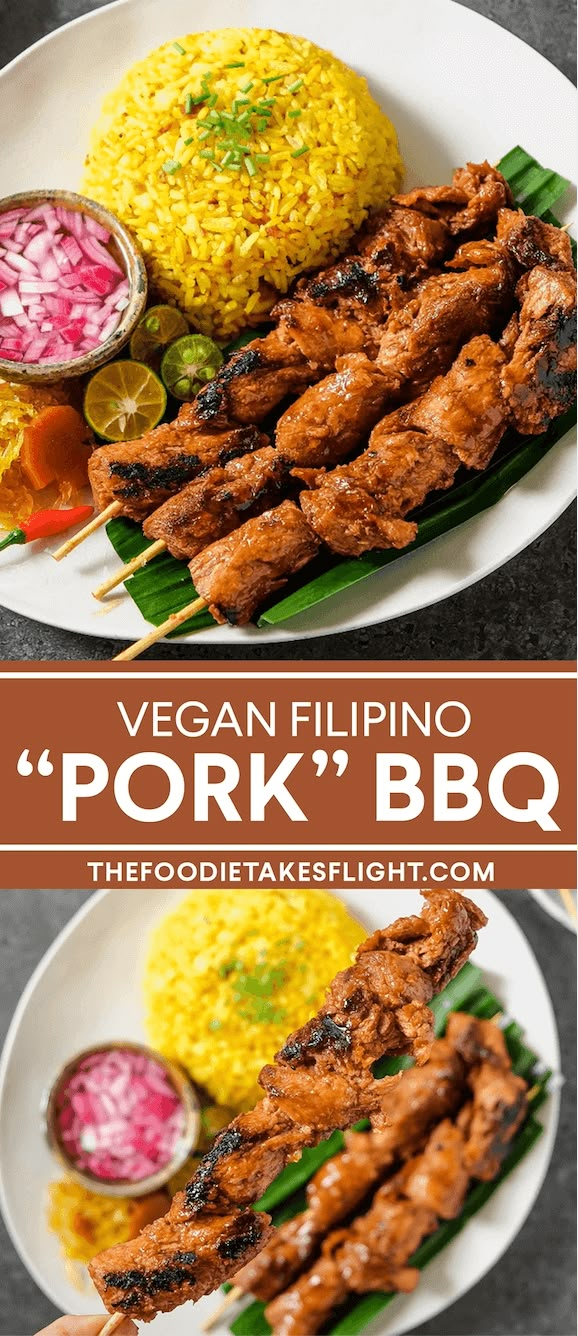 two plates filled with meat and rice on top of each other next to the words vegan filipino pork'bbq