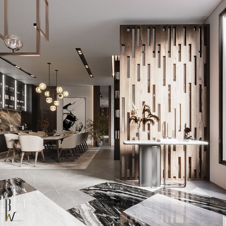 an elegant dining room with marble flooring and wood paneled wall behind the table