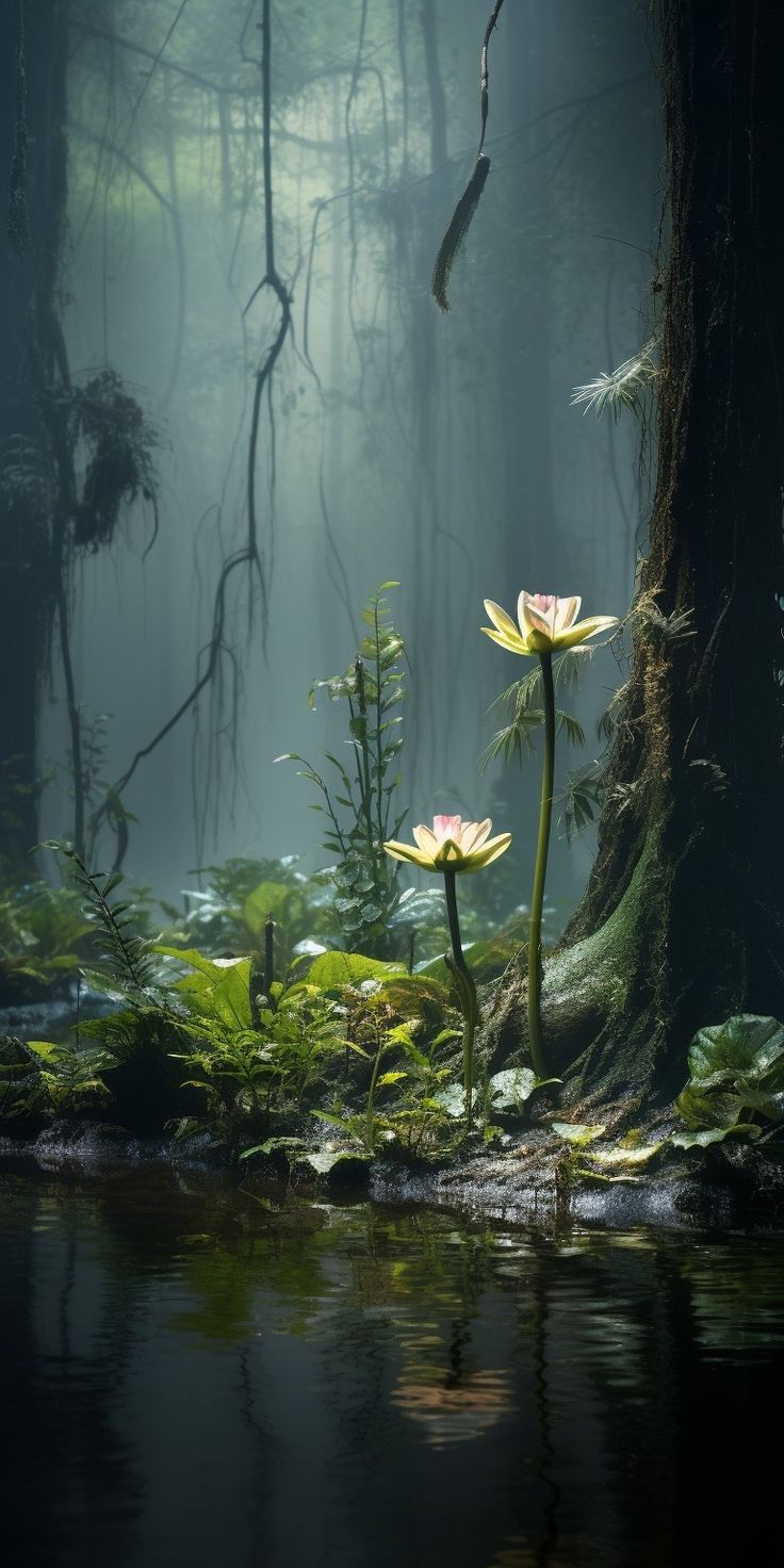 two water lilies in the middle of a forest