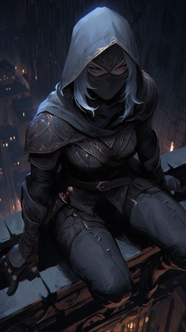 a person sitting on top of a roof in a hooded outfit and holding a knife