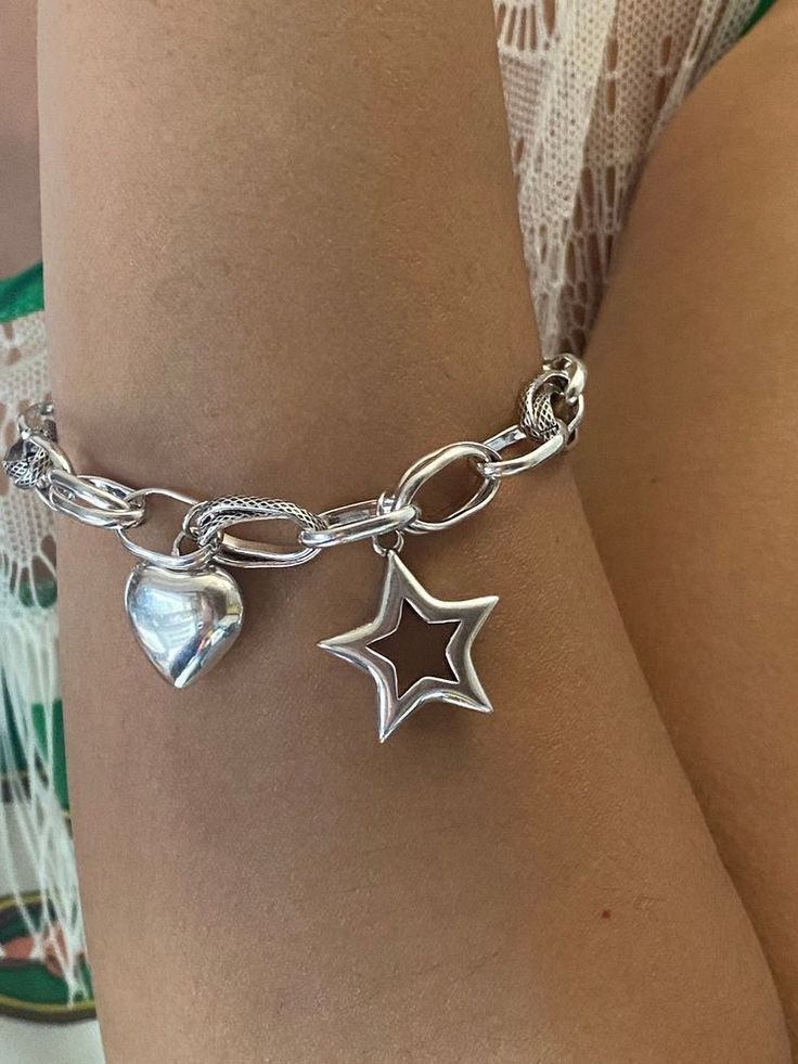 Bracelet With Stars, Chunky Silver Bracelet, Silver Jewelry Bracelets, Star Charm Bracelet, Silver Bracelet Stack, Silver Bracelet For Women, Charm Bracelet Silver, Silver Jewlery, Silver Heart Bracelet