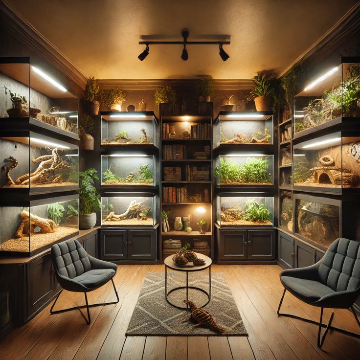 a living room filled with lots of different types of plants and animals in glass cases