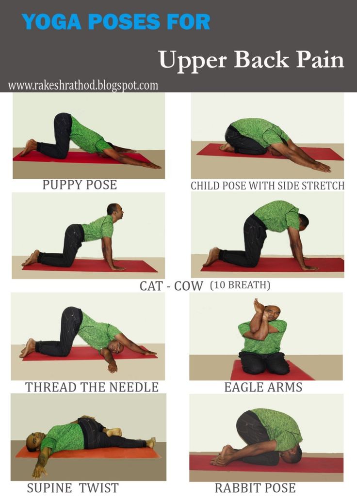 a woman doing yoga poses for upper back pain with the instructions on how to do it