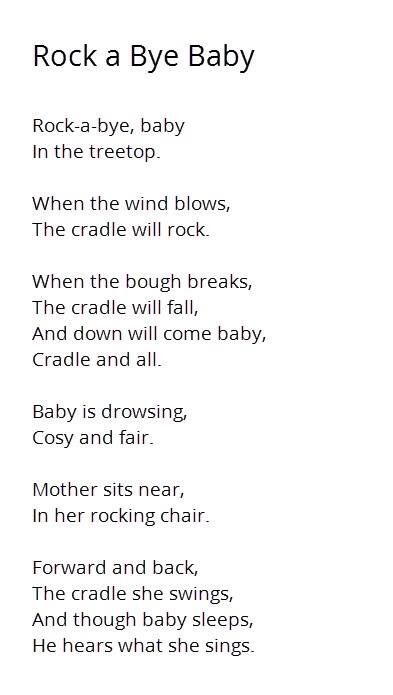 the poem rock a bye baby is shown in black and white