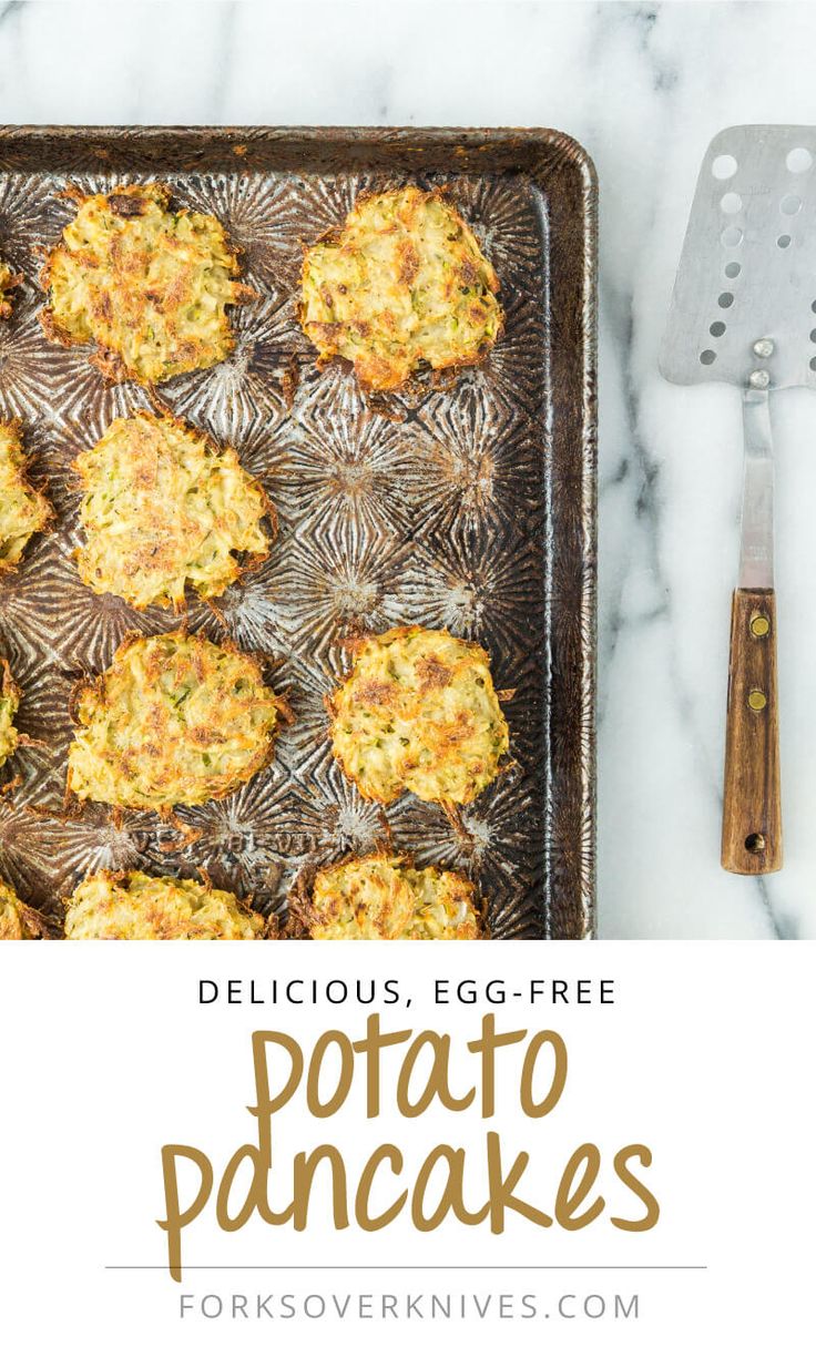 delicious egg - free potato pancakes on a baking sheet with a spatula next to it