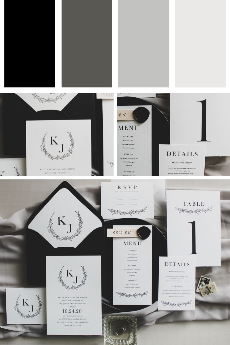 black and white wedding stationery with monogrammed names, initials, and wreaths