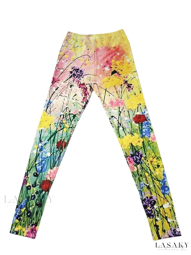 Lasaky - Womens Floral Print Skinny Leggings: Premium Quality Casual Elastic-Waist Stretch Legwear Tight Full-length Summer Pants, Spring Stretch Multicolor Pants, Non-stretch Multicolor Leggings For Spring, Spring Multicolor Non-stretch Leggings, Casual High Stretch Summer Tights, Fitted Multicolor Leggings For Summer, Elastic Full-length Spring Leggings, Fitted Multicolor Summer Leggings, Spring Full-length Elastic Leggings