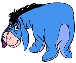 the blue donkey is looking down at something