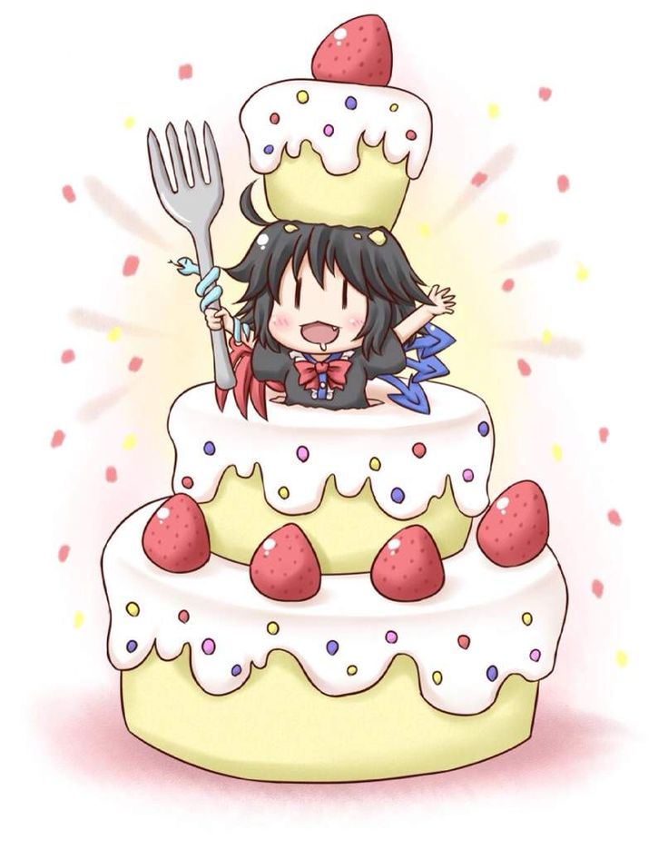 a cartoon character sitting on top of a cake with a knife and fork in it