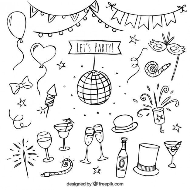 a party with balloons, streamers and confetti on the table coloring page