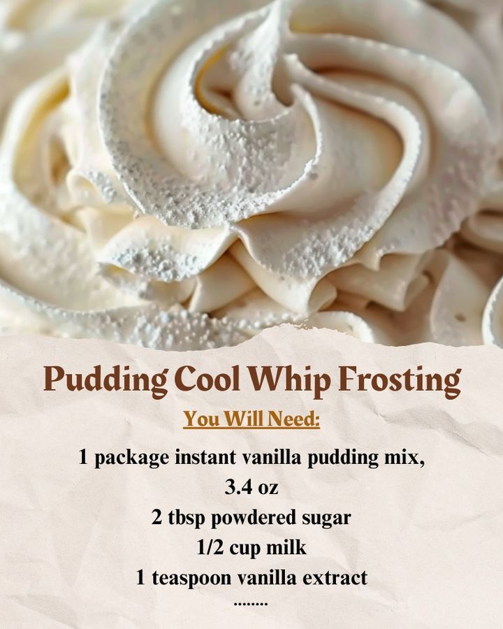 Combine vanilla pudding mix, powdered sugar, milk, and vanilla extract in a bowl.\nMix well with electric mixer for 2 minutes.\nAdd cool whip and beat until combined.\nUse frosting on cake or cupcakes.\nPrep Time: 5 minutes\nTotal Time: 5 minutes\nKcal: 244 kcal\nServings: Enough to frost 12 cupcakes or 1 cake\n#HomemadeFrosting #CoolWhip #VanillaPudding Pudding Cool Whip Frosting, Vanilla Pudding Frosting, Cool Whip And Pudding, Whip Frosting, Pudding Frosting, Cool Whip Frosting, Easy Frosting, Frosting Recipes Easy, Whipped Frosting