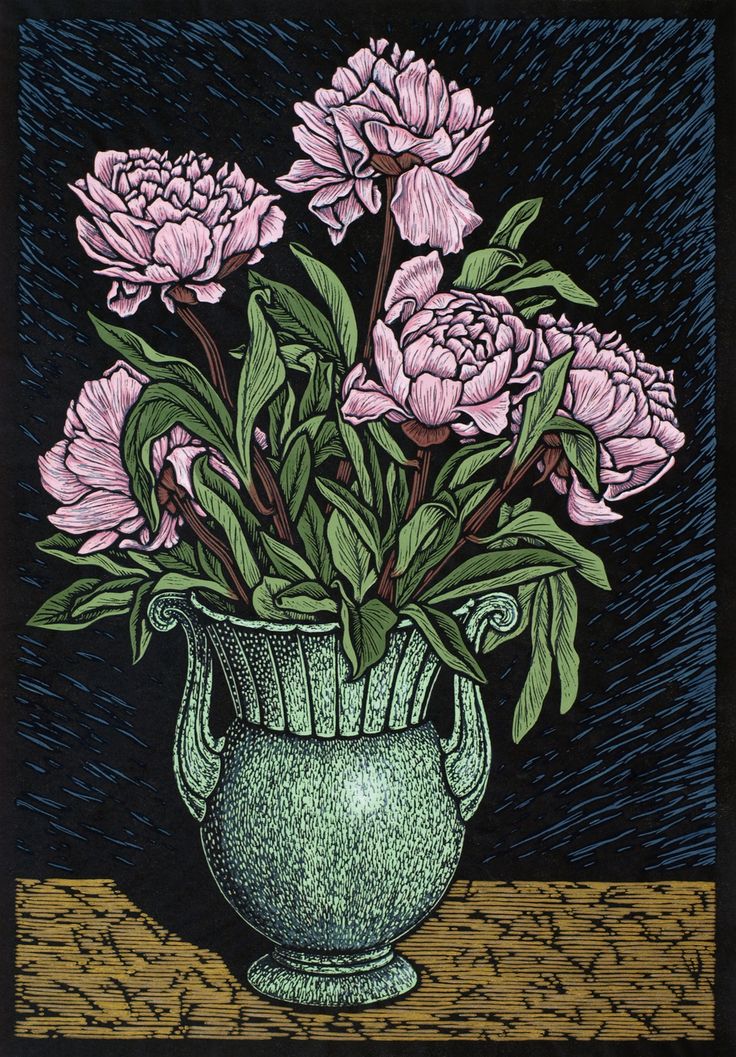 a painting of pink flowers in a green vase