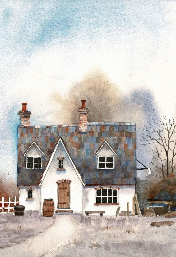 a watercolor painting of a white house with brown shingles and chimneys on the roof