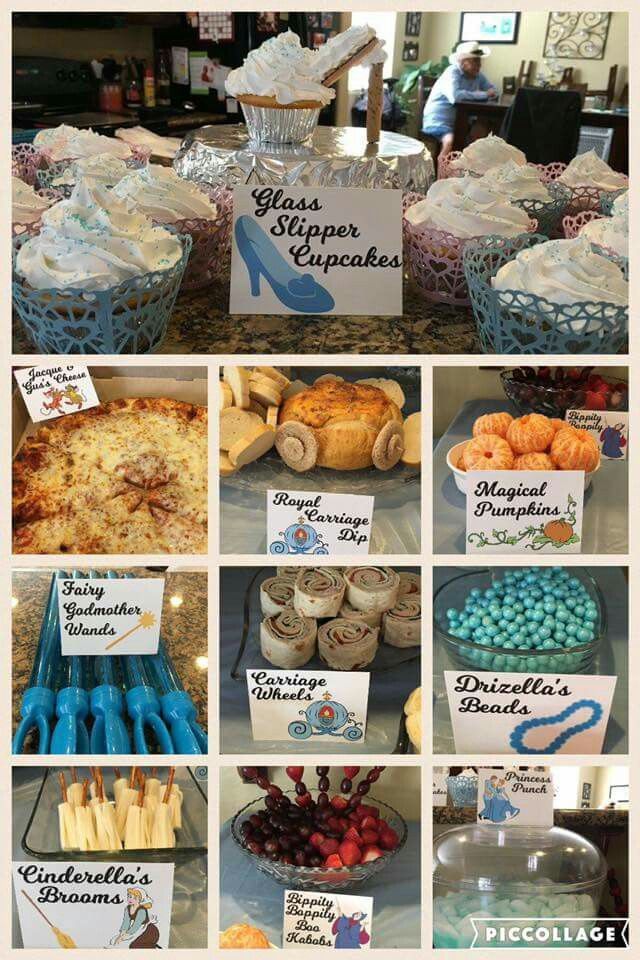 several pictures of different types of food and desserts on display at a buffet table