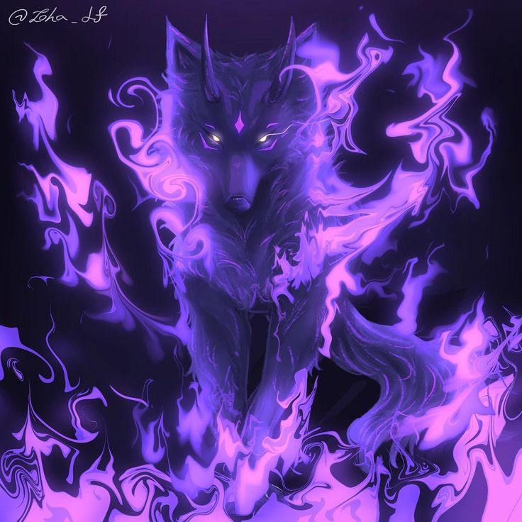 a purple and black wolf with flames around it's face on a dark background