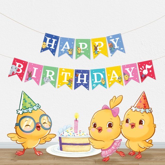 three little chicks standing in front of a birthday cake with the words happy birthday on it