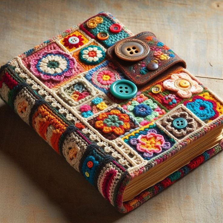 a crocheted book with buttons on it