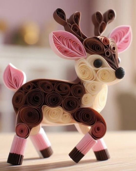 an origami deer with pink and brown stripes on it's face, standing on a table