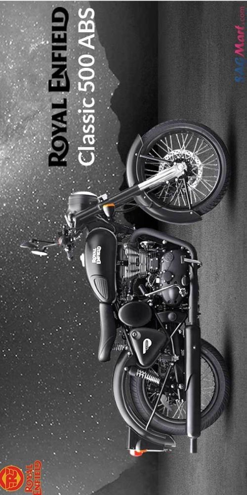 a motorcycle parked on the side of a road in front of a black and white background